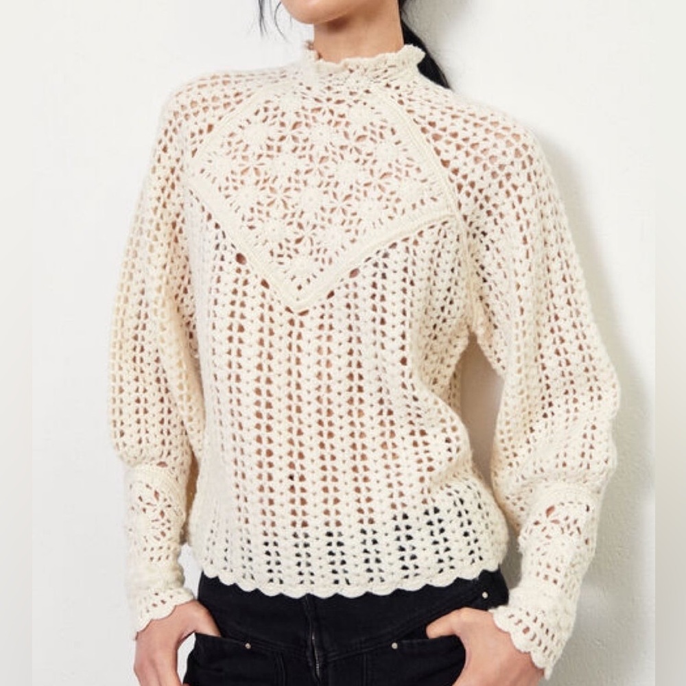 ba&sh Cream Crochet Open-Knit Long Sleeve Sweater
